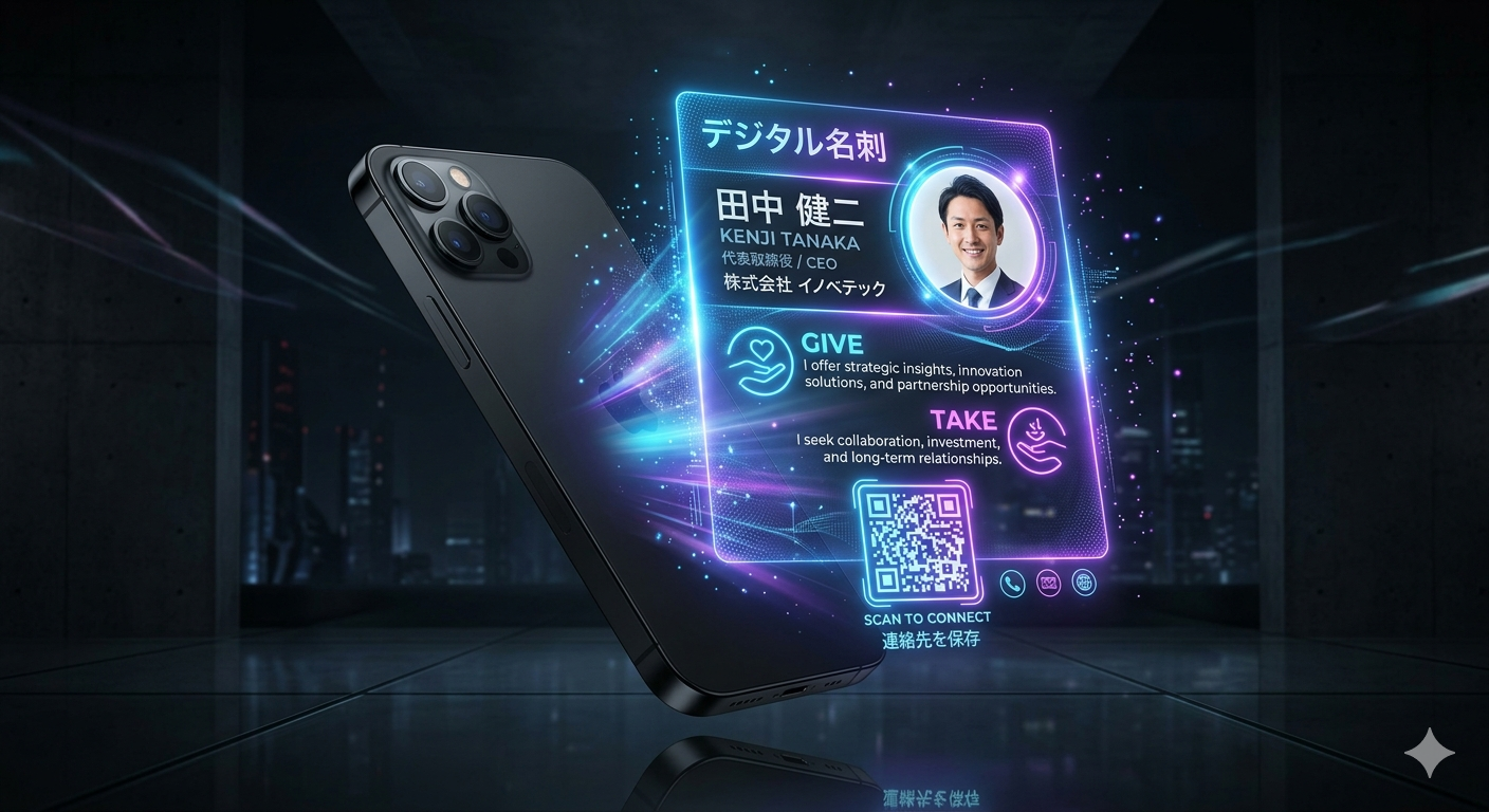 ネオン調で表示される直感的なデジタル名刺 UI